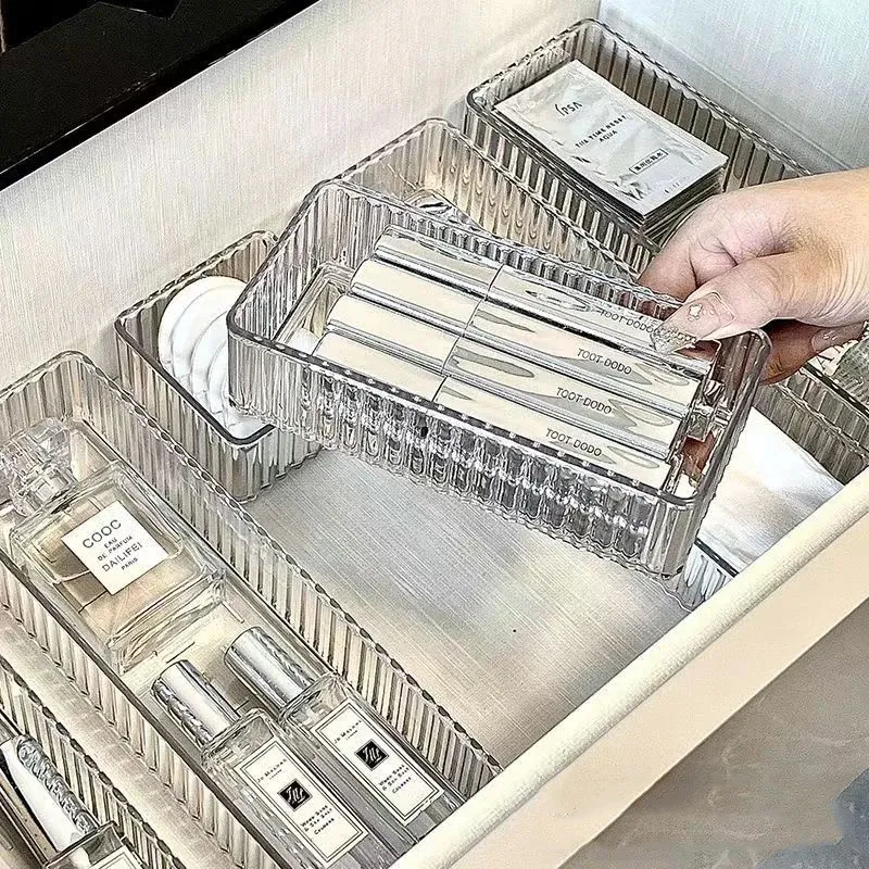 Durchsichtiges Schubladen-Organizer-Set aus Kunststoff, vielseitiges Badezimmer- und Waschtisch-Schubladen-Organizer, Tabletts, Aufbewahrungsbehälter für Make-up, Küchenhelfer