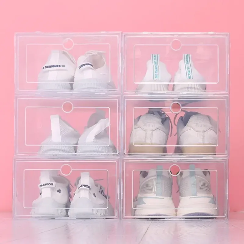 6 stücke Transparente Schuhkartons Stapelbare Schuh Fällen Lagerung Kunststoff Schuhe Box Staubdicht Sneaker Boxen Schuhe Möbel Organisatoren