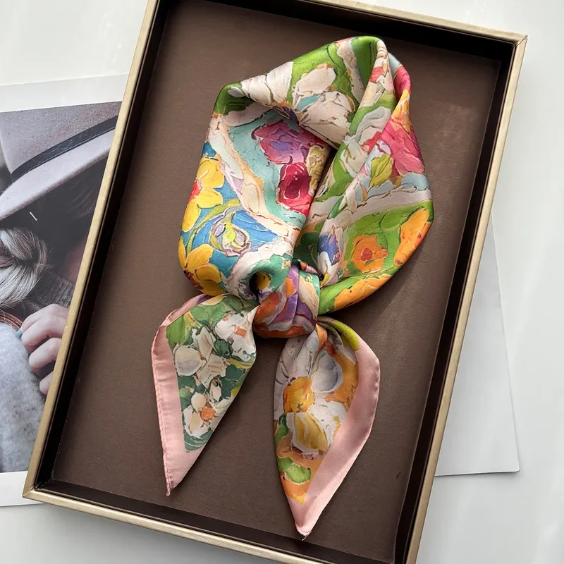 Luxus Floral Quadrat Schal Für Frauen Elegante Damen Hijab Halstuch Schal Solide Weiche Fleck Imitation Seide Schals Für Reisen