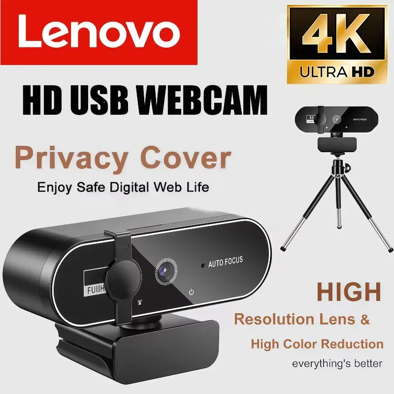 Lenovo 4K HD Mini Webcam mit Mikrofon 2K Full HD Webcam Autofokus USB Web Cam für Autofokus PC Laptop Videoaufnahmekamera