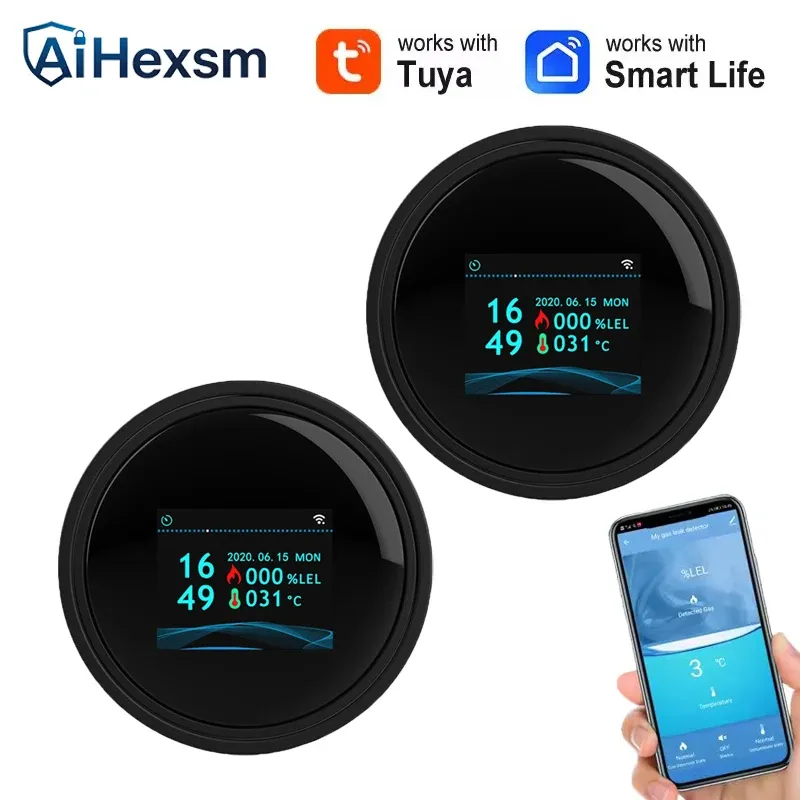 Tuya Wifi Leck Mit Temperatur Funktion Brennbaren Gas Detektoren Unterstützung Home Smart Leben Erdgas Alarm Sensor LCD Display
