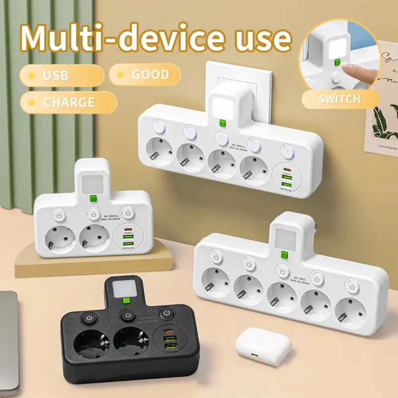 Mehrere Steckdosen, AC-EU-Stecker, Steckdosenleiste, kein Verlängerungskabel mit USB-Anschlüssen, Überspannungsschutz, Netzwerkfilter, individueller Schalter