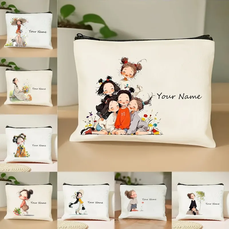 Koreanischer Stil, Anime-Mädchen-Make-up-Tasche, individueller Name/Text, Beauty-Case, langlebiges Tuch, Reise-Organizer, schicke Geschenk-Aufbewahrungstasche für Damen