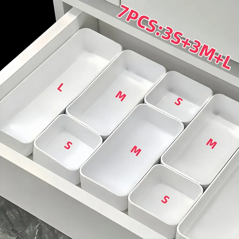 7-teiliges Schubladen-Organizer-Set, Aufbewahrungsboxen für Kosmetik und Hautpflege aus Kunststoff mit Trennwänden für Schminktisch, Schreibtisch und Schubladenorganisation