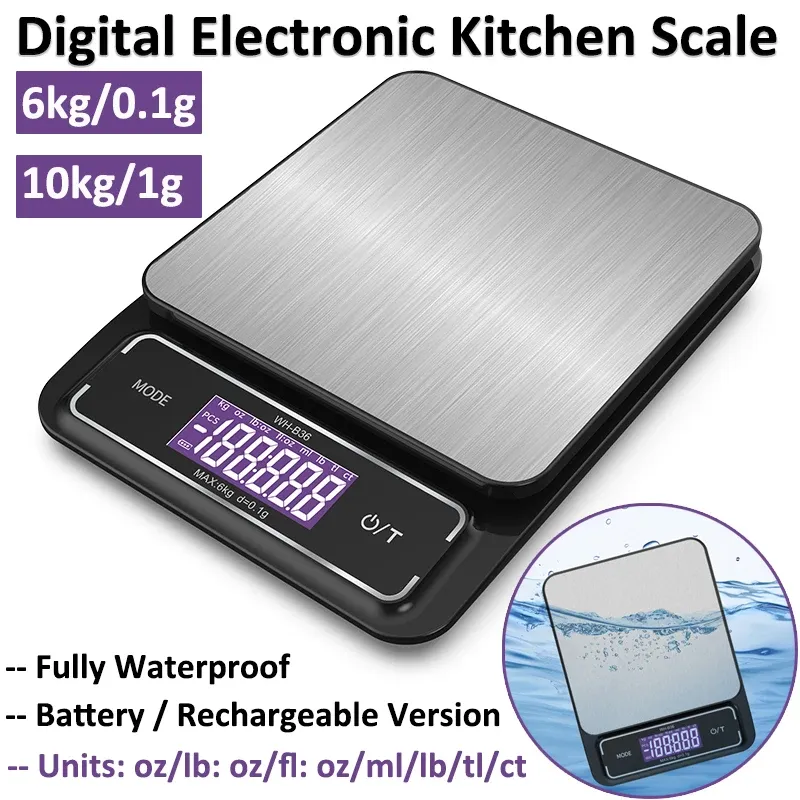 6 kg/0,1 g 10 kg/1 g Digitale elektronische Küchenwaage, LCD-Display, vollständig wasserdicht, Edelstahl, Messung, Wiegen, Backwerkzeug