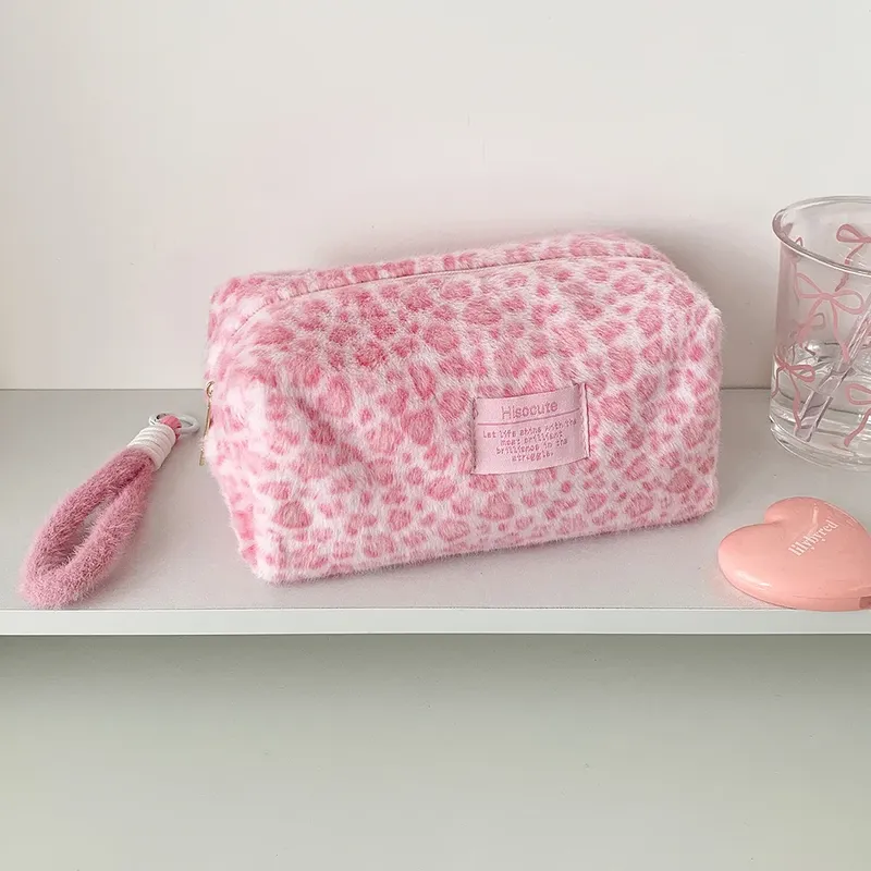 Make-up-Tasche für Schulmädchen, Plüsch, rosa Farbe, Leopardenmuster, große Kosmetiktasche für Frauen, niedlicher tragbarer Reise-Handtrage-Organizer