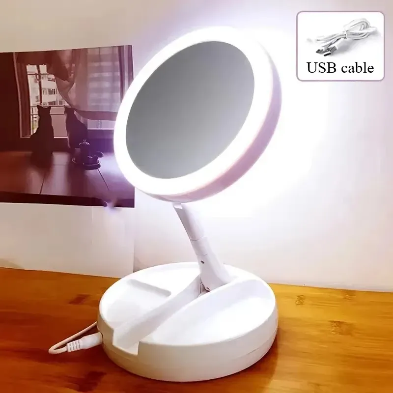 Faltbarer LED-Vergrößerungsspiegel für Make-up, Costway, weißer Kosmetikspiegel, USB-Aufladung oder Akku mit Licht, 10-facher Tischspiegel