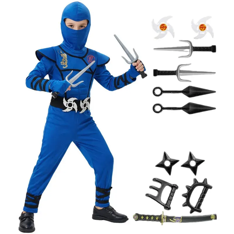 Schwarzes und blaues Ninja-Kostüm für Kinder, Halloween, Cosplay, Party-Outfit mit Maske, Spielzeug, Geschenk für Jungen und Mädchen, Urlaubsparty-Kostüm