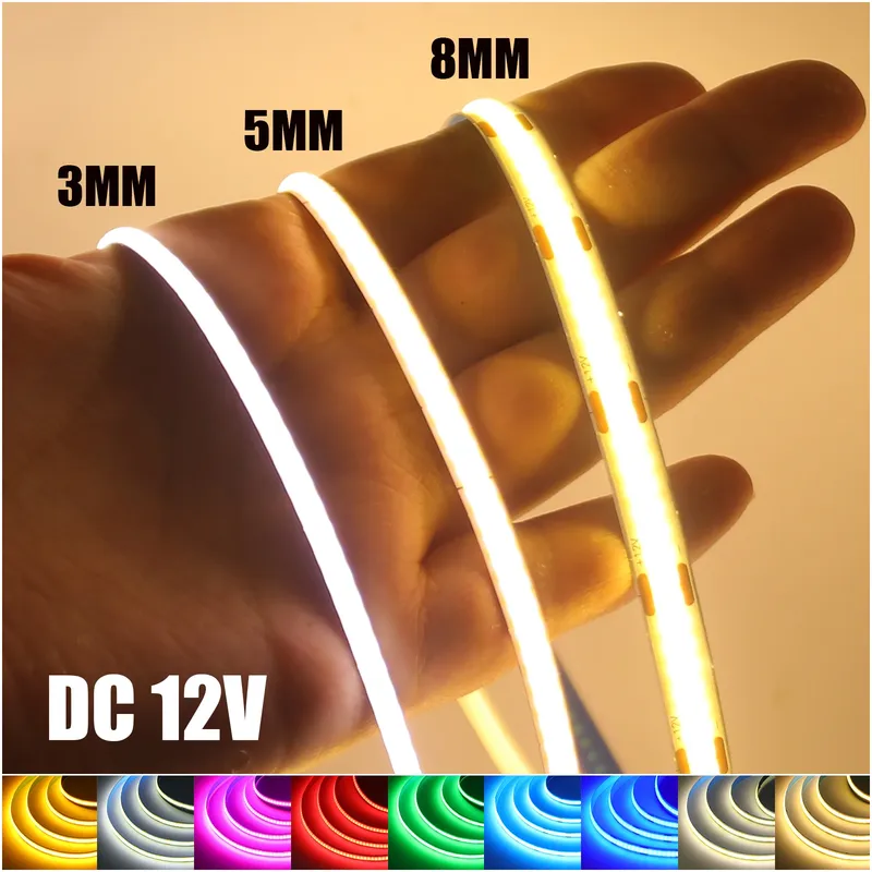 DC 12V COB LED Streifen Licht für Wohnkultur 3MM 5MM 8MM 0,5-5M 9 Farbe Weiß/Rot/Blau/Rosa/Grün Flexible Band TV Hintergrundbeleuchtung Seil