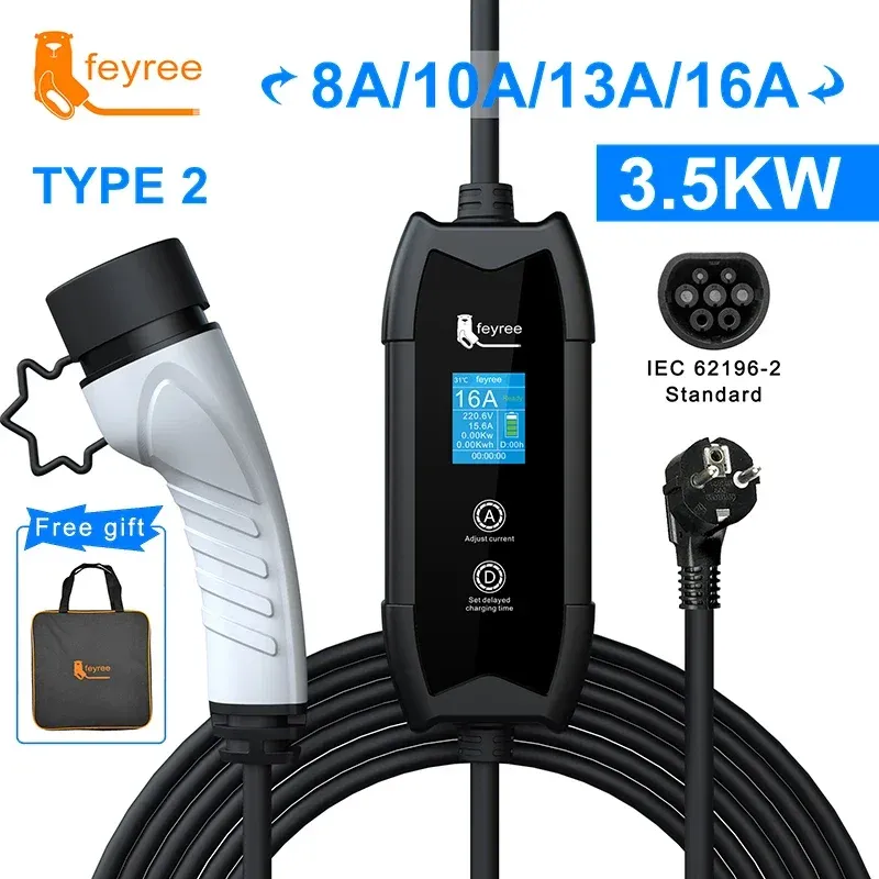 feyree Tragbares EV-Ladegerät 3,5 kW mit Typ2 GB/T Typ1 16 A einphasiges 3,5 m langes Kabel Wallbox für Elektrofahrzeuge