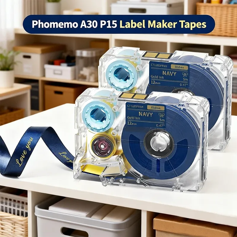 1 Packung Phomemo A30 P15 Satinband, exklusiver Verschönerungsgolddruck auf Marineblau, Stoffbänder für Geschenkverpackungen, Hochzeitssträuße