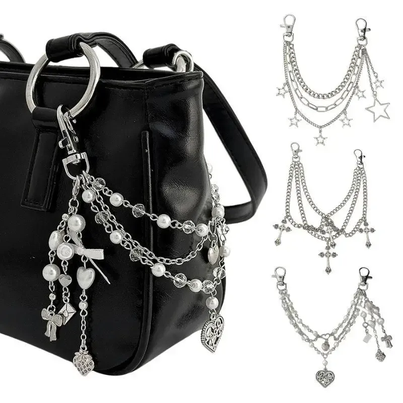Y2K Perle Tasche Kette Erdbeere Liebe Herz Bogen Anhänger Kette Riemen Für Taschen Multi-schicht Tasche Kette Handtasche DIY griffe Zubehör
