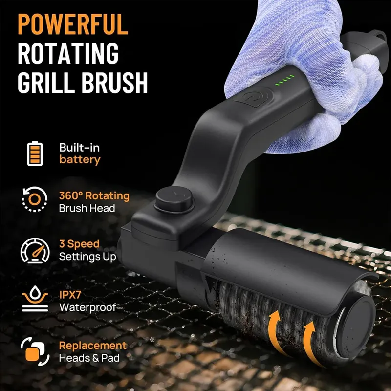 Kabellose elektrische Grillbürste, 2-in-1 wiederaufladbarer BBQ-Grillreiniger, Schleuderschrubber mit 360 °   Rotierende Reinigung für den Grill
