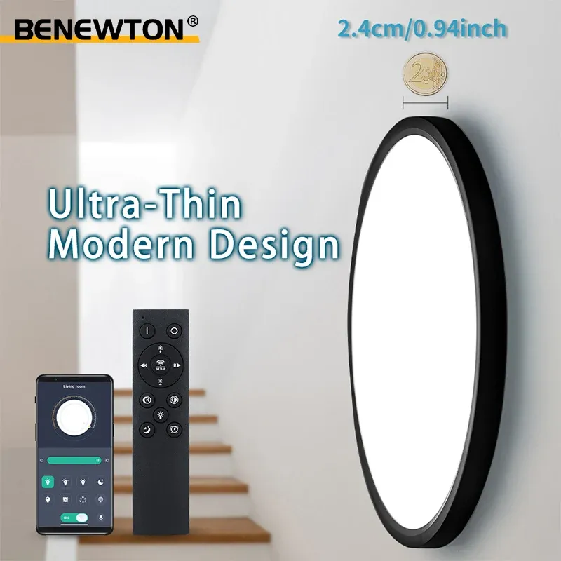 Intelligente Deckenleuchten, 0,94 Zoll, Fernbedienung, APP-Steuerung, ultradünn, dimmbar, moderne runde LED-Deckenleuchte, Schlafzimmer, Esszimmer, Küche