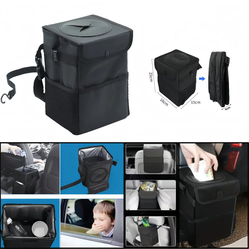 Tragbarer, wasserdichter Auto-Mülleimer mit Deckel und Taschen, auslaufsicherer, multifunktionaler Auto-Organizer für den Fahrzeuggebrauch