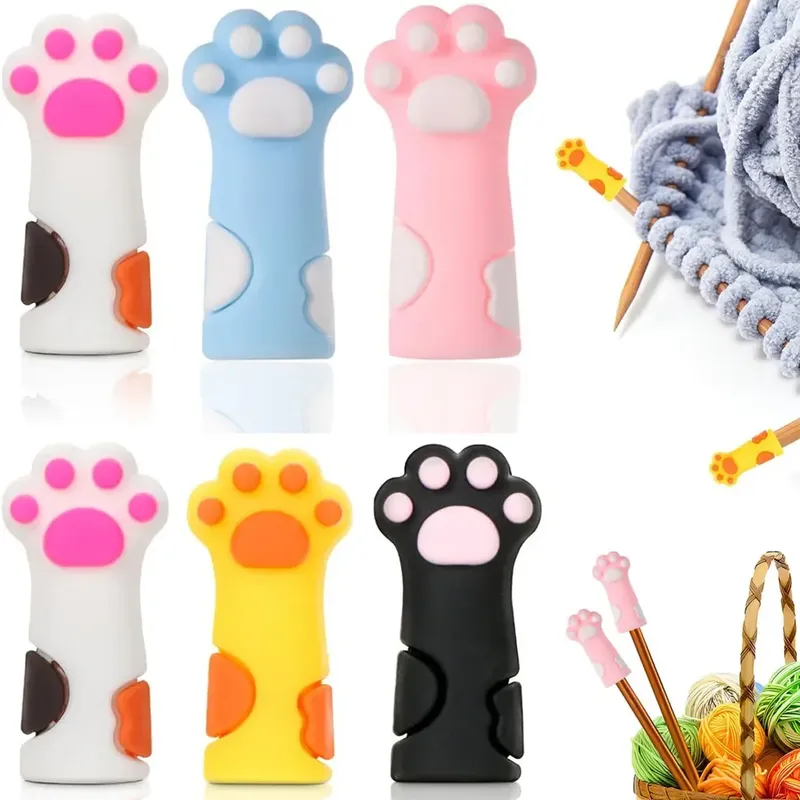 6 stĂŒcke Nette Katze Pfote Stricken Nadel Stopper Nadeln Punkt Silikon Protector Anti-verschĂŒtten Kappe DIY Weben Werkzeug NĂ€hen zubehör