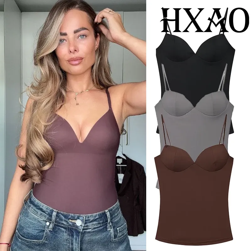 HXAO Frau Tops Korsett Crop Top Frauen Ärmelloses Schwarz Braun Top Mit Trägern Leibchen Bodycon Backless Sexy Tops Bustier