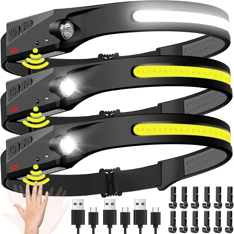 Sensor-Stirnlampe, LED-Stirnlampe, wiederaufladbarer Scheinwerfer, Stirnlampe, eingebauter Akku, 5 Beleuchtungsmodi, Angeln, Camping, Laterne