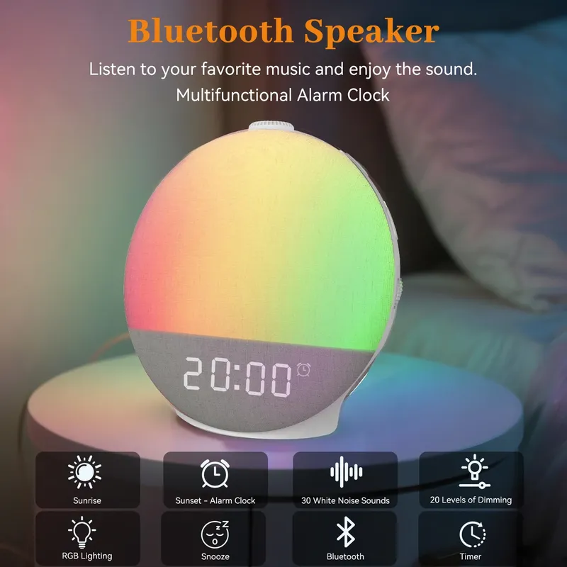 Sonnenaufgangswecker mit Tonmaschine, Wecklichter, Bluetooth-Lautsprecher, 30 Schlafgeräusche, weißes Rauschen für schwere Schläfer, ideales Geschenk