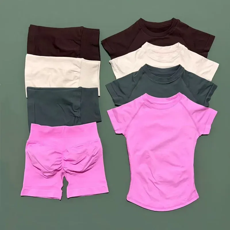 2-teiliges HISTELLO Sport-Gym-Set, kurzärmelig, nahtlos, Yoga-Kleidung, Fitness-Set für Damen, Workout, Laufen, Sport, kurze Leggings, Anzug
