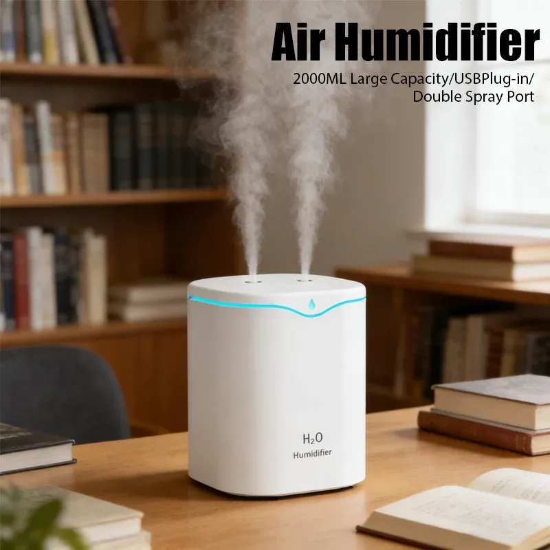 USB-Luftbefeuchter, 2 l, große Kapazität, doppelter Sprühanschluss, ätherisches Öl, Humificador, kühler Nebel, Nebelgerät, für Zuhause, Büro, Aroma-Diffusor