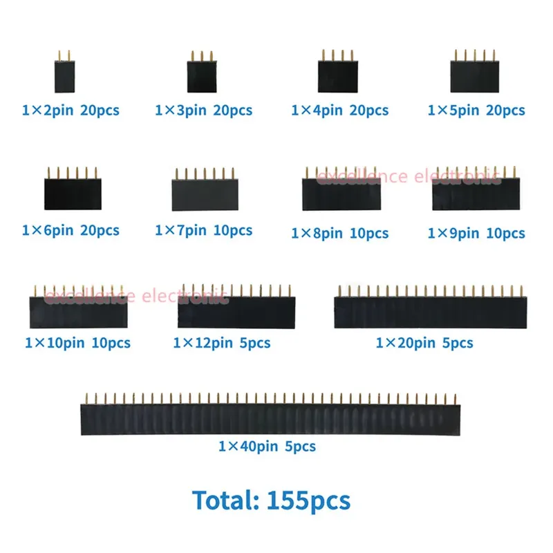 155-teiliges 2,54 mm einreihiges Stiftleisten- und Buchsen-Set – 4/6/8/10/12/16/20/40-polige Leiterplatten-Anschlussbox für Arduino-Projekte