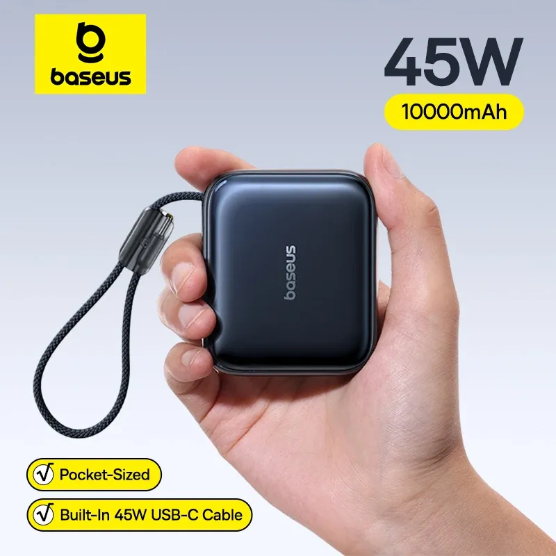 Baseus 45W Mini Powerbank 10000mAh mit Integriertem USB-C-Kabel Taschenformat Kleinere Schnelllade-Powerbank für iPhone 17 Samsung S25