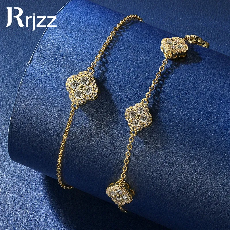 Rrjzz Zertifiziertes Rundschliff D-Farbe Moissanit VVS1 Labor-Imitationsdiamant Kleeblatt-Gliederarmband Glücksbringer Vierblättriges Kleeblatt Armband für Damen