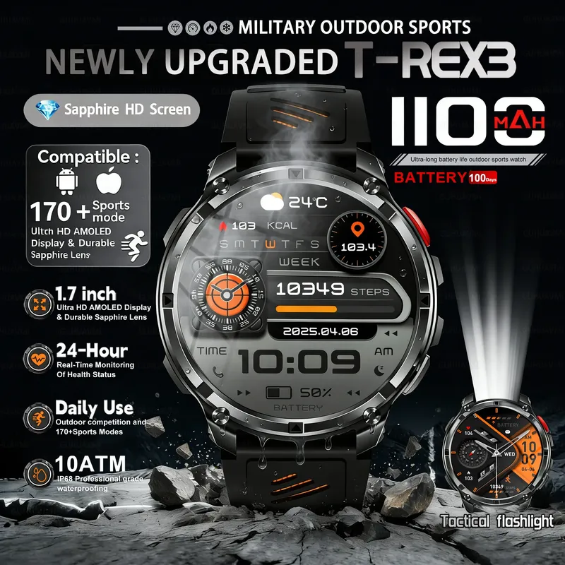 T-REX 3 Militär-Smartwatch für Herren, 1100 mAh, extrem langlebiger Akku, Smartwatch, 10 ATM wasserdicht, HD-Anruf, 170+ Sportmodus, LED-Taschenlampe