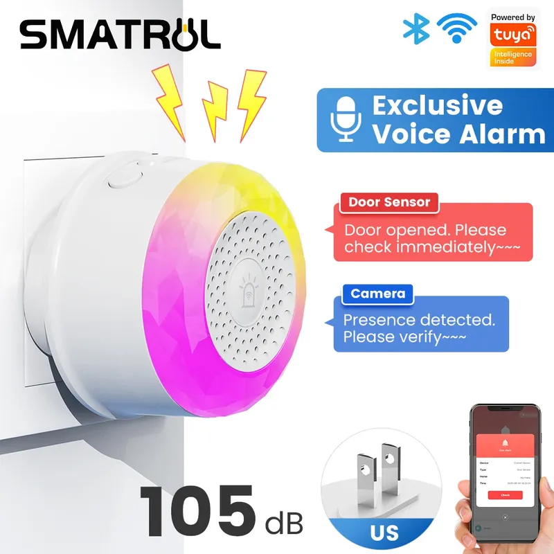 SMATRUL Tuya WLAN-Schall- und Lichtalarmsensor mit EU-, US- und UK-Stecker für Smart Life App-Steuerung Tür-/Fenstersensor Kamera Boden