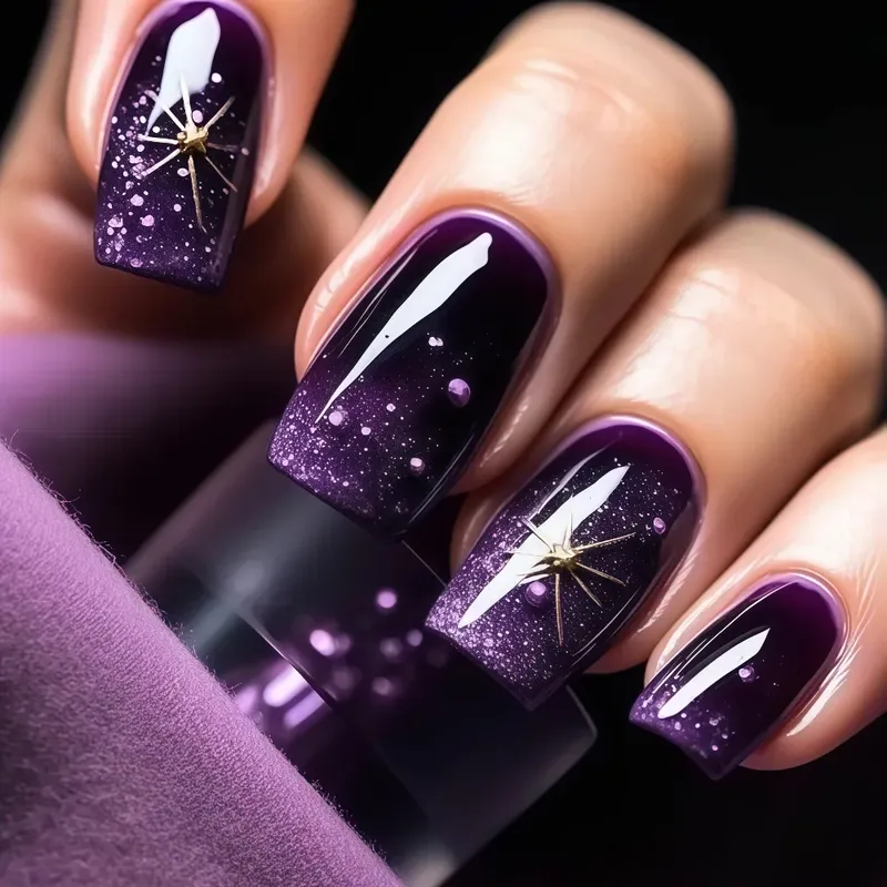 Kurze, mittellange künstliche Nägel mit Farbverlauf in Lila-Blau, quadratische Nagelspitzen mit goldener, silberner Verzierung und Sternenmotiv zum Aufdrücken.