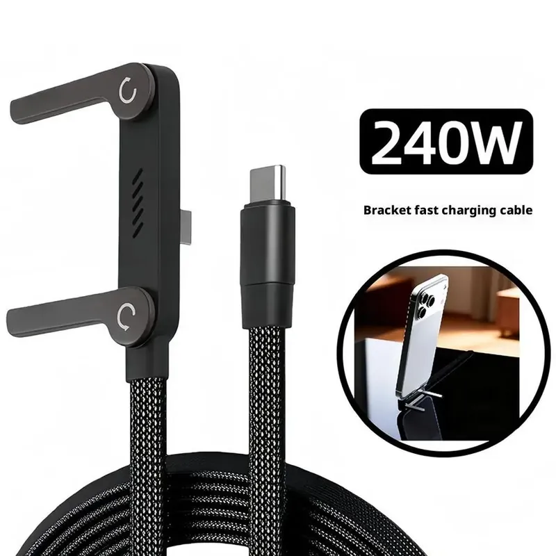 Faltbares Ladekabel mit integriertem Ständer, Schnellladekabel für Handy und Tablet, 240W Ultra-Schnelles Datenkabel, Handyhalterung