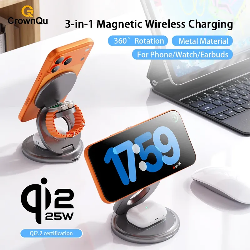 Qi2.2 25W Metall Magnetisches Kabelloses Ladegerät Schnelle Ladestation 360° °   Drehbare, faltbare 3-in-1-Halterung für iPhone 17, 16, 15, Watch und Airpods