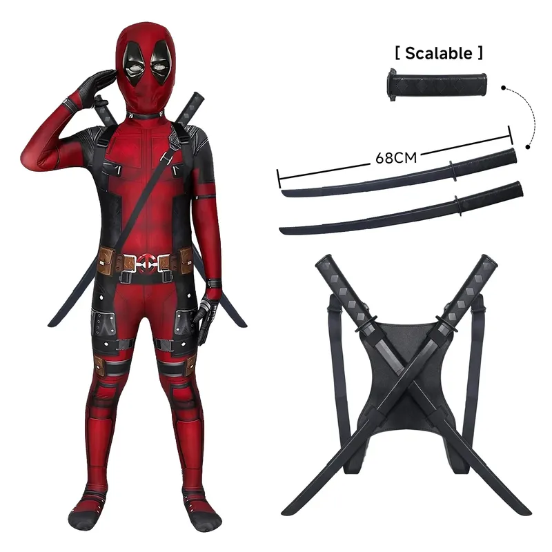 Deadpool Teleskop-Schwert-Set Superhelden-Kostüm Halloween Cosplay Kostüm Deadpool Anzug Jumpsuit Kostüm Festival Geschenk
