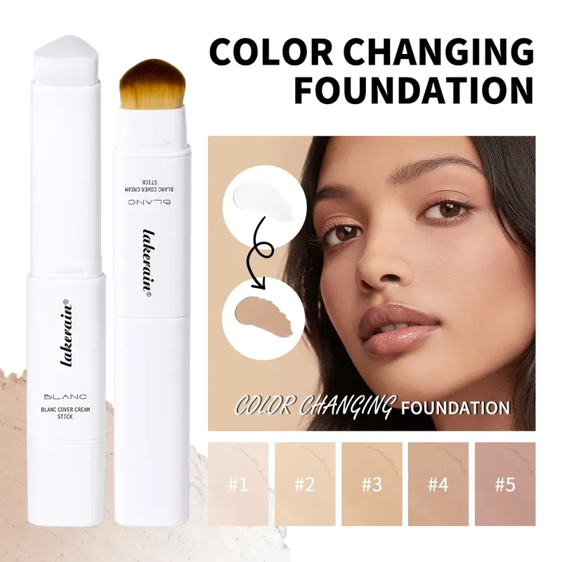 Lakerain Farbwechselnder Foundation-Stick, vollständige Abdeckung, mattes Finish, doppelseitiger Pinsel und Stick, wasserfestes, glattes Foundation-Make-up