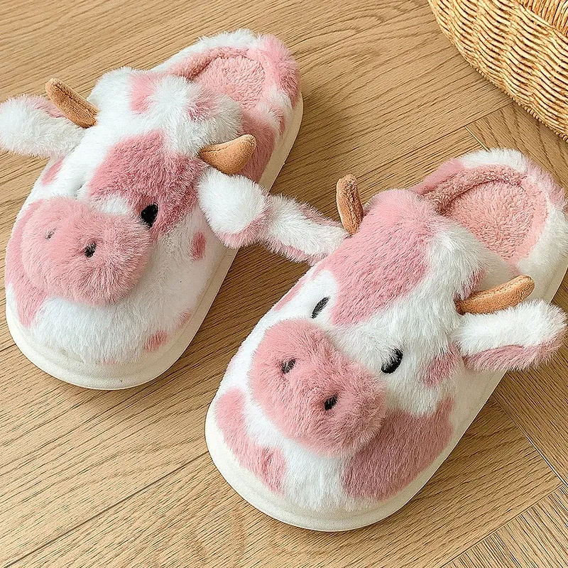 Winter Hausschuhe Frauen Hause Casual Flauschigen Niedlichen Cartoon Kuh Designer Schuhe Mädchen Flache Fuzzy Pelz Rutschen Plüsch Plattform Schuhe Weiche