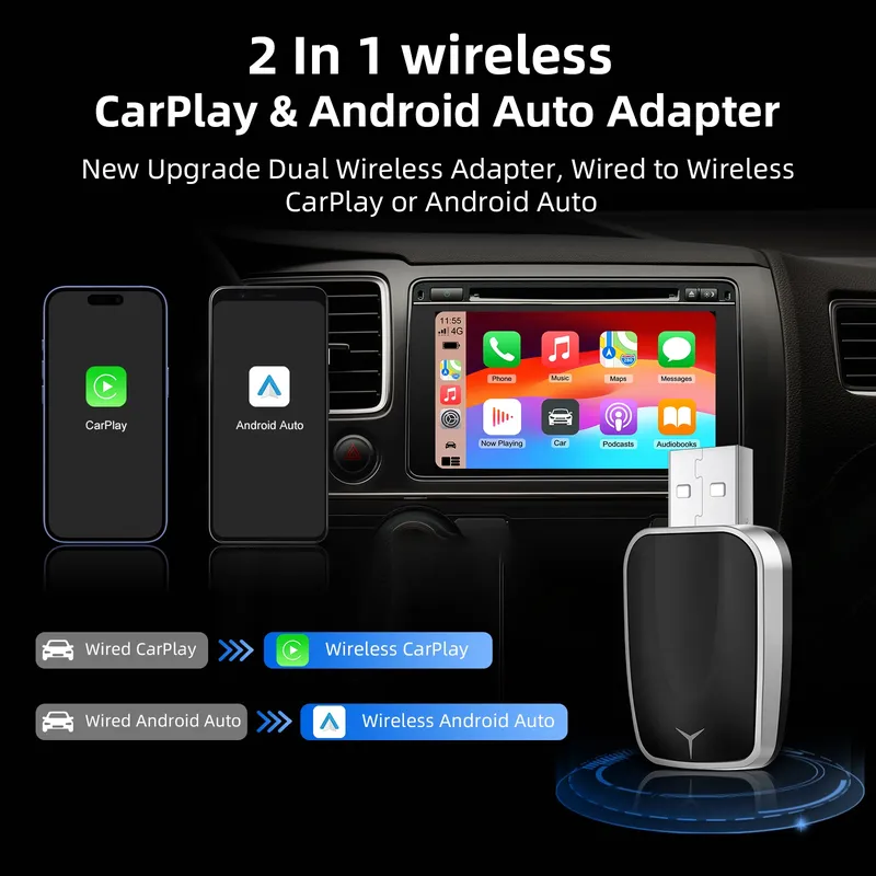 2026 2-in-1 Kabelloser Carplay-Adapter Android Auto Smart Dongle 5G WLAN für OEM-Fahrzeuge mit USB-Anschluss Plug & Play mit Bluetooth WLAN