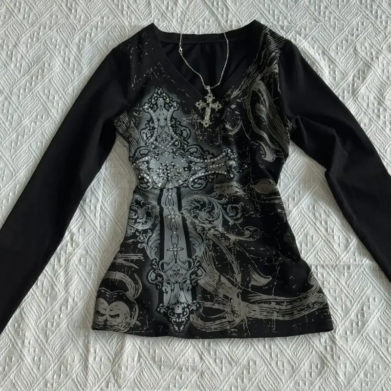 Retro Hip Hop Y2K T-Shirts Mode Frauen Sexy Langarm Gothic Vintage Punk Streetwear Tops Beiläufige Dünne Heiße Mädchen Herbst Tees