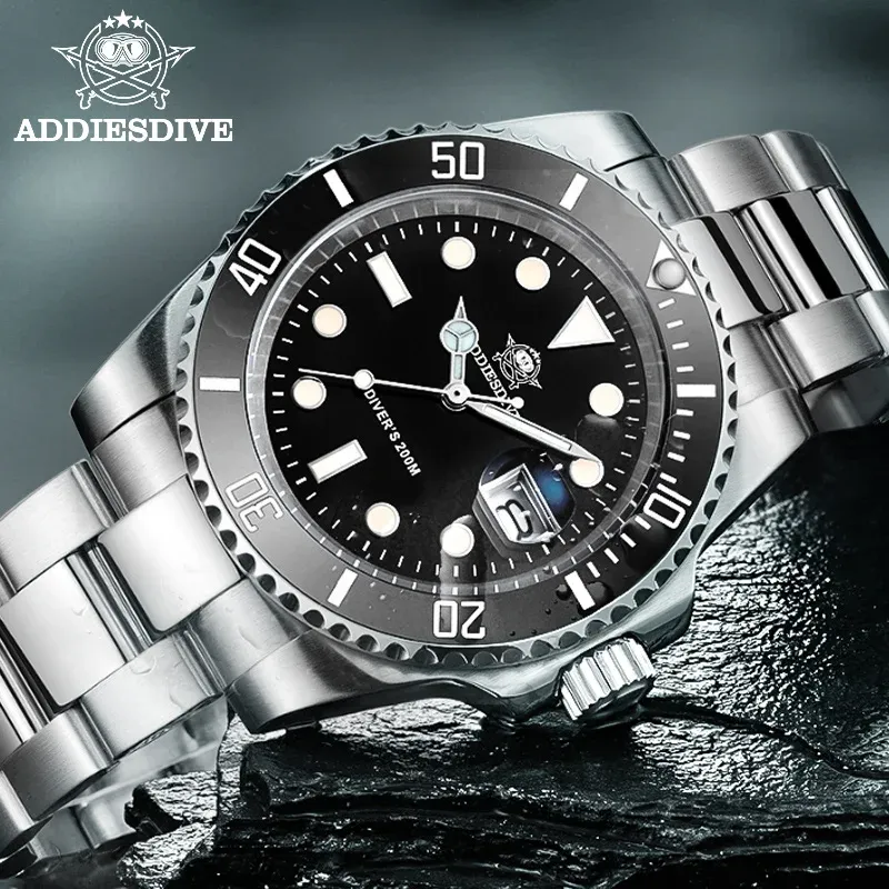 ADDIESDIVE Herren-Klassikeruhr mit Keramiklünette, 200 m wasserdicht, lässige Quarzuhr, BGW9, blau leuchtende Geschenkuhr MY-H3-2