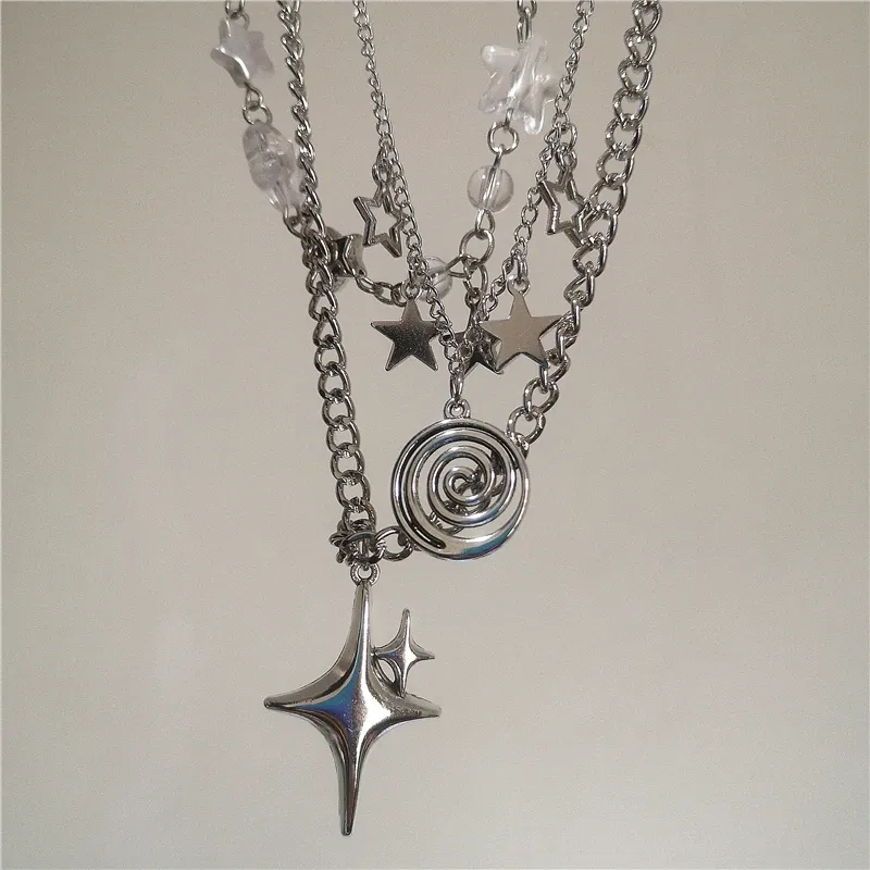 3-teiliges Set Punk Rock Silberfarbene Wirbel-Stern-Anhänger Kette Mehrlagige Halskette für Frauen Männer Charms Y2k Grunge Accessoires Schmuck