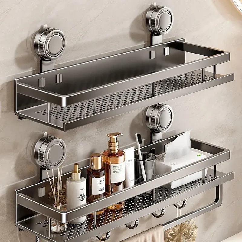 Bohrfreies Saugnapf-Badezimmerregal, Toilettenregal aus Aluminium, Hängeregal, Badezimmer-Organizer zum Aufhängen an der Wand