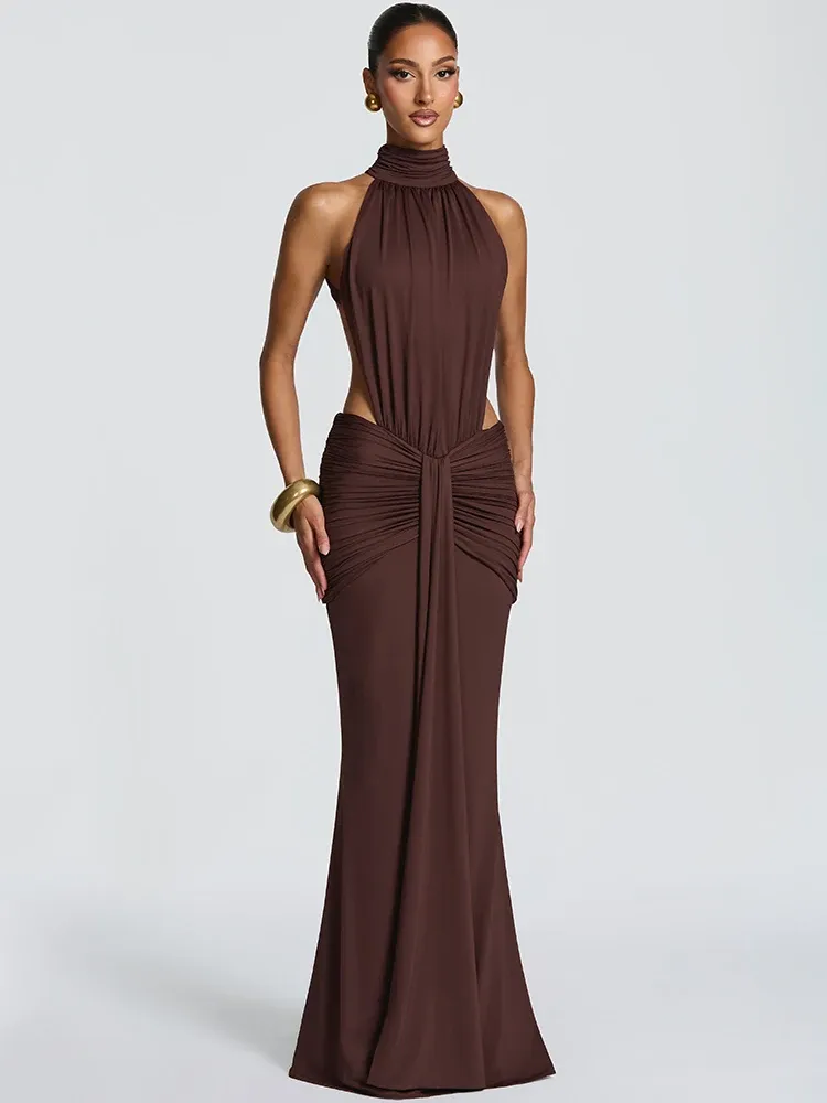 Mozision Rollkragen Rückenfreies Sexy Maxikleid Damen Abendkleid Elegant Schulterfreies Ärmelloses Gerafftes Bodycon Club Party Langes Kleid