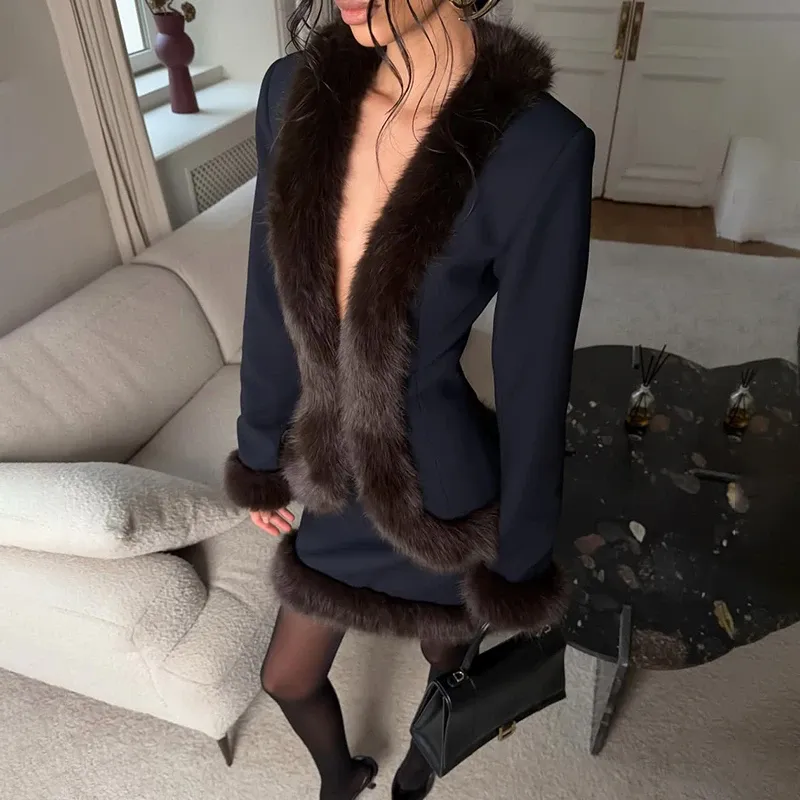 Tornova Damen Pelzbesatz Rock 2-teiliges Set Mode Retro Schlanker Schal-Top Gerader Langer Rock Herbst Winter Neu 2026 Damenanzug