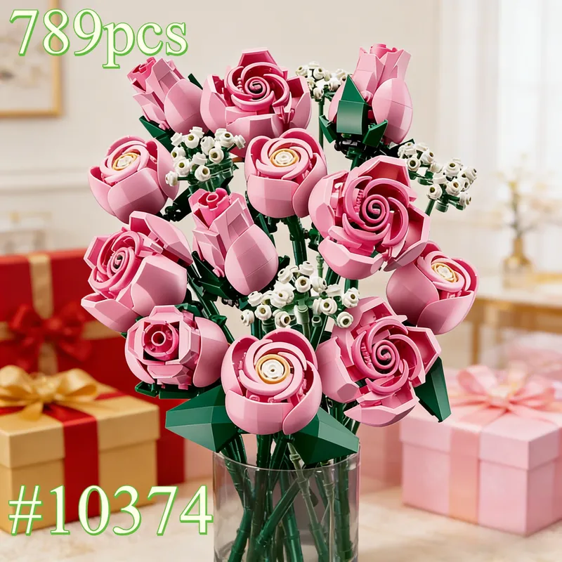 Rosa Farbverlauf Rose 10374 Bausteine-Sets, geeignet für Weihnachtsgeschenke, kompatibel mit Legoed Particles, 789 Stück.