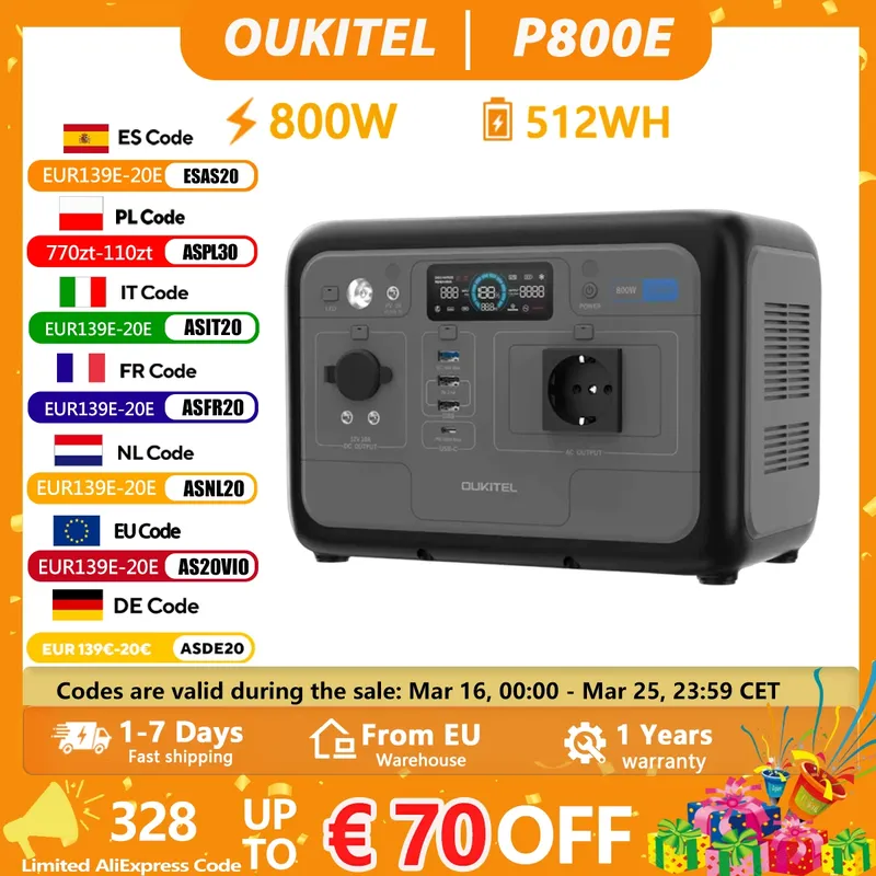 OUKITEL P800E PLUS Tragbare Powerstation 800W Solargenerator 512Wh LiFePO4-Akku, für Notstromversorgung Outdoor-Camping Mobile Stromversorgung