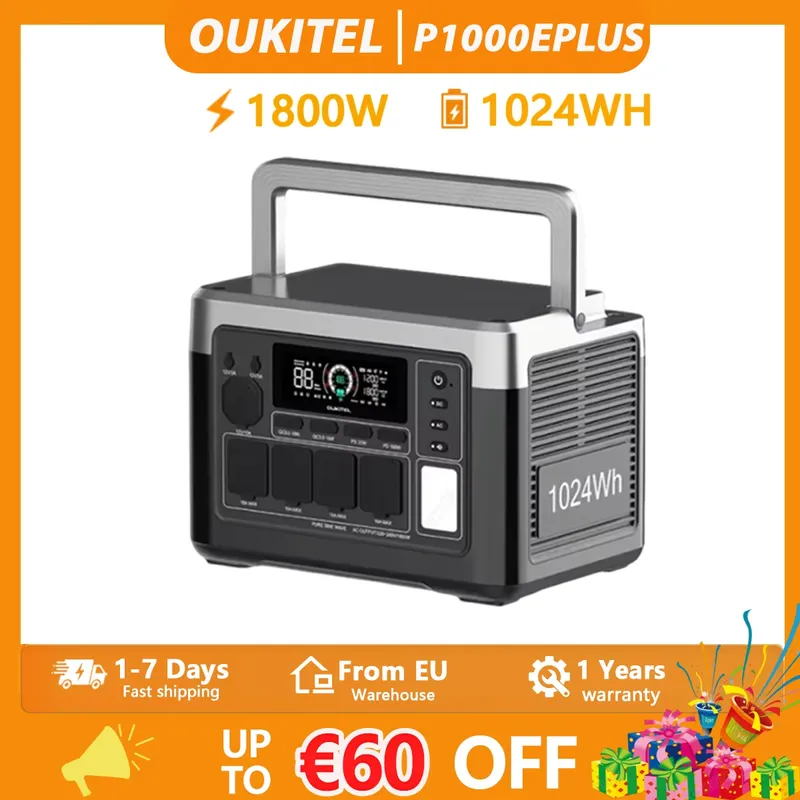 OUKITEL P1000 PLUS 1800W Tragbare Powerstation 1024Wh LiFePO4-Akku Solargenerator, Notstromversorgung für Zuhause, Outdoor-Camping, Mobile Stromversorgung