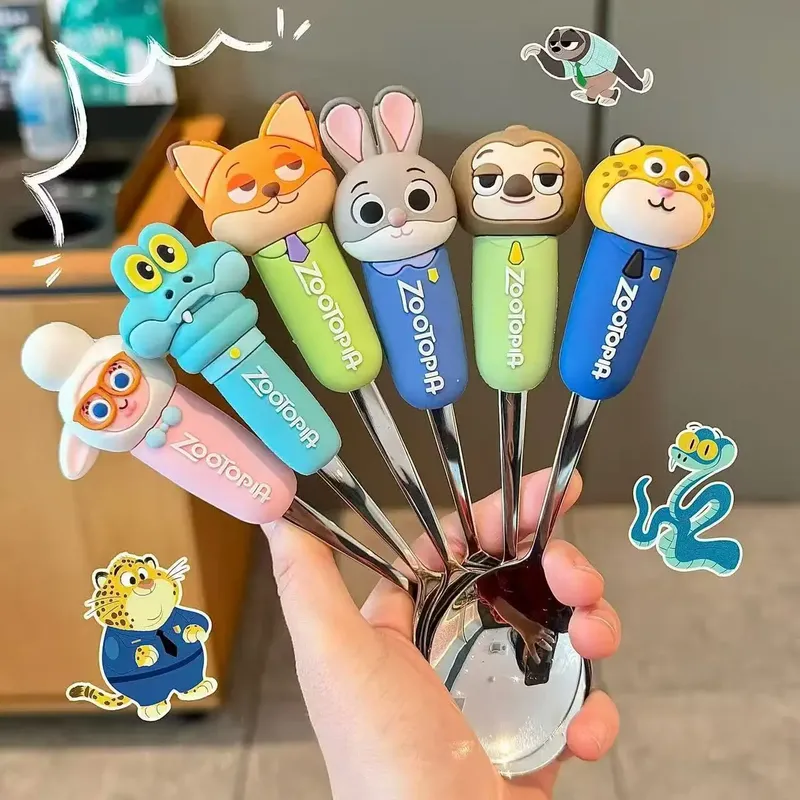 Neues Disney Zootopia Löffel-Gabel-Set für Kinder, Anime-Zubehör, Tragbares Besteck-Set für Schüler, Geschirr-Geschenk-Spielzeug, Abnehmbare Gabel
