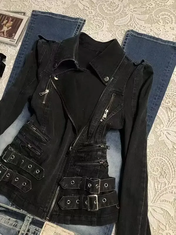 Gothic Schwarzer Slim-Fit Hoodie mit Doppelreißverschluss, Y2K American Hot Girl Retro-Mode, Oversized-Manschetten, Lässige Motorradjacke