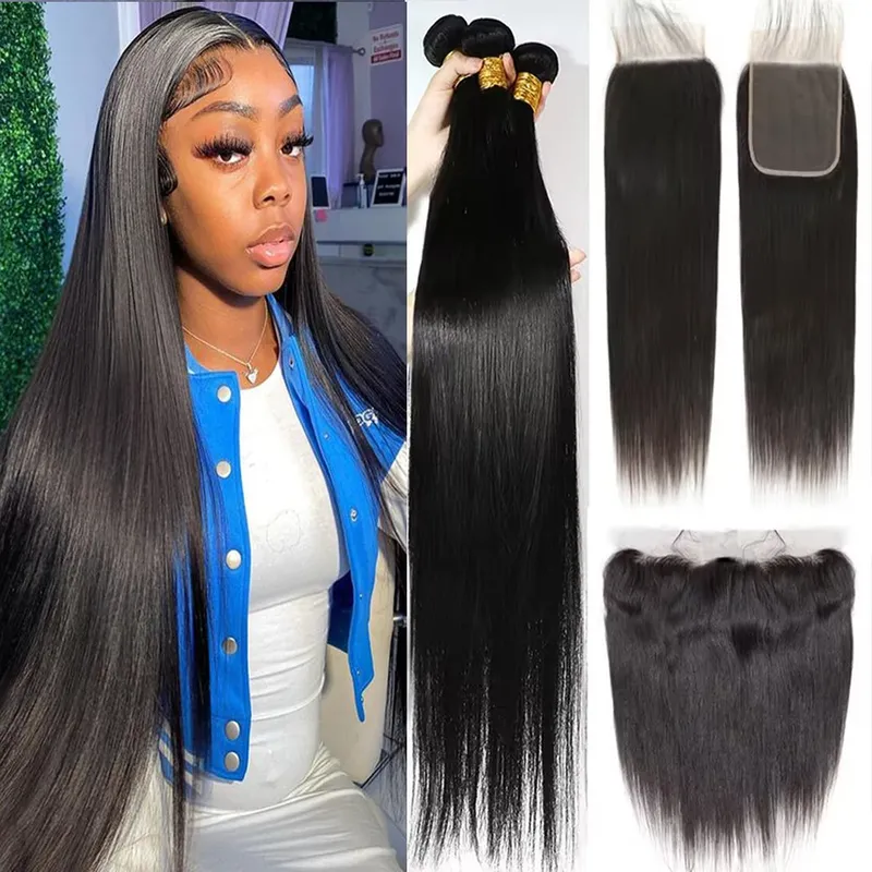 Gerade Weben Echthaar Extensions Bundles 28 30 32 Zoll Mit 13x4 Spitze Frontal Brasilianische Menschliche Spinnt Haar Verschluss 4x4 5x5