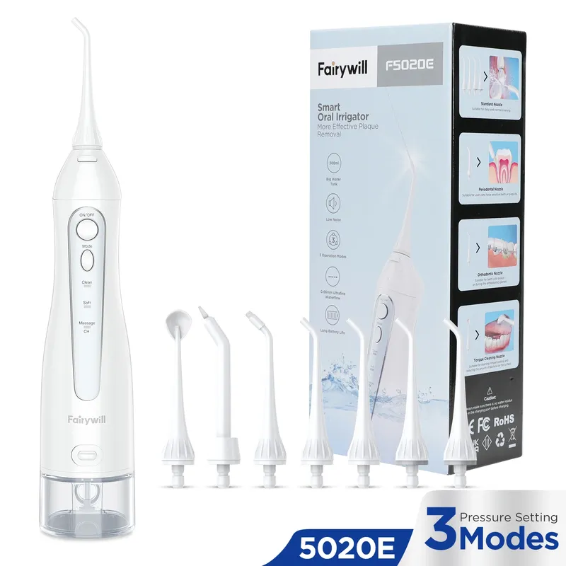 Fairywill Wasserflossers für Zähne, 300 ml, Munddusche, wiederaufladbar, tragbar, Dental, 3 Modi, Wassertank, wasserdichter Zahnreiniger